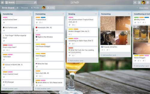 First four and a half columns of my Brew Board Trello board.