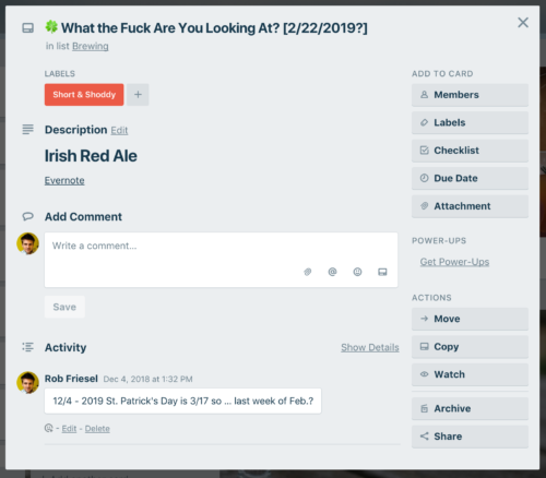 An Irish Red Ale for St. Patrick's Day. Move a lot of the notes out of Trello and into Evernote and BeerSmith already.